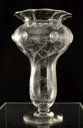 Early Steuben 12 Inch Tall Floral Engraved Art Nouveau Footed Vase Carder 1910