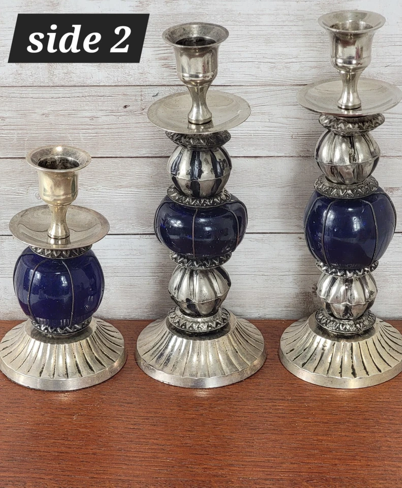 Lote de 3 candelabros acanalados de cobalto chapados en plata vintage hechos en la India ornamentados Foto 3 de 4