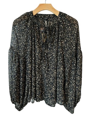 Blu Pepper Blouse Women's Small Black Ruffled Tie Neck Long Puff Sleeves Sheer