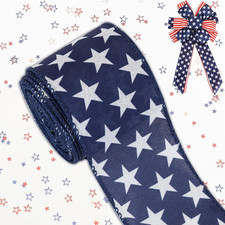 Blue and White Ribbon, Patriotic White Star Blue Ribbon Wired for 4Th of July In