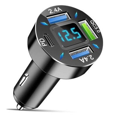 4-Port Car Charger, 12-24V Cigarette Lighter Adapter with 3 USB & 1 USB-C