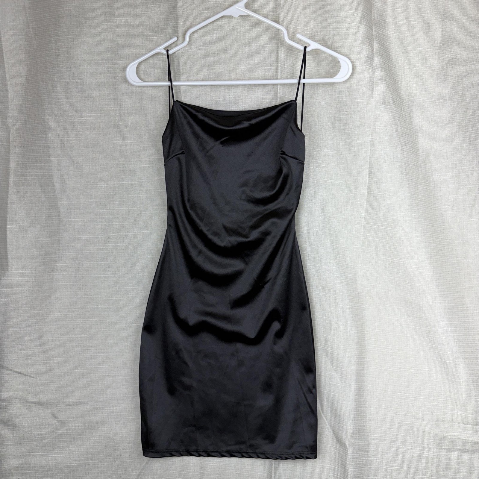 y2k Windsor Dress Women Small Black Satin Cowl Neck Spaghetti Strap Bodycon Mini