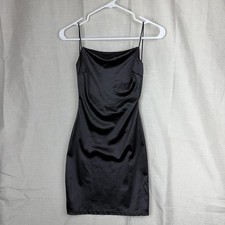 y2k Windsor Dress Women Small Black Satin Cowl Neck Spaghetti Strap Bodycon Mini