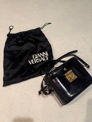 VERSACE Hand Bag Tote Purse Sunburst Leather Black Authentic
