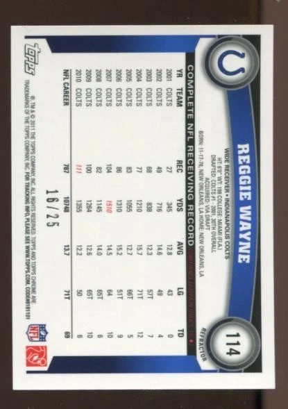 2011 Topps Chrome Red Refractor Reggie Wayne #16/25 - Image 2 of 2