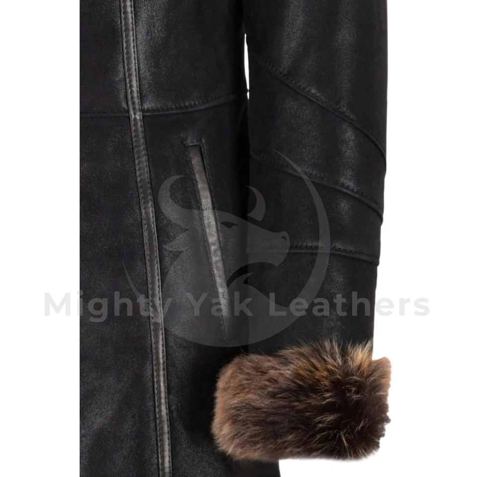 Chaqueta de cuero de piel de oveja negra y marrón con capucha abrigo largo de motociclista para mujer Foto 4 de 4