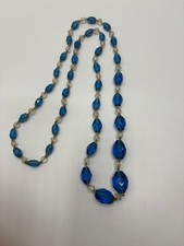 Vintage Cobalt Blue and White Faceted Glass Beaded Necklace 32"