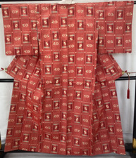 Japanese Vintage Kimono Silk Red Tumugi Traditional Authentic Length 61 in