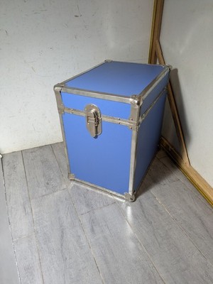 Vintage MCM Blue Vinyl Storage Trunk Chest Metal Trim Steamer Box Retro Cube D95