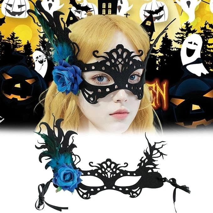 Masquerade Eyemask with Blue Flower, Feathered Eyemask For Cosplay, Halloween - Image 2 of 4