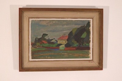 Original schwedisches Öl auf Tafel - ''Landschaft mit Haus'' von Juho Suni