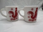 Vintage Hazel Atlas Red Rooster Milk Glass Mugs Set Of 2 Capacity 8 Oz. Each.