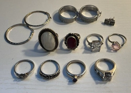Vintage 925 Sterling Silver Used Jewelry Lot Earrings & Rings - 50.7 Grams