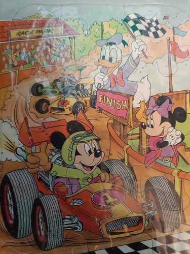 Vintage Disney Mickey Mouse Puzzle Frame Tray Golden Race Car Minnie Donald - Picture 2 of 2