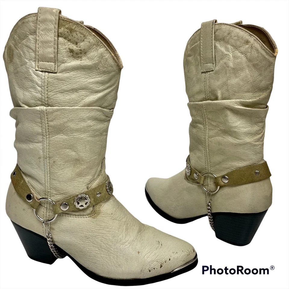 De Colección Años 80 Dingo Hueso Cuero Western Lone Star CONCHO ARNÉS Bota de Motocicleta 7.5 Foto 2 de 4