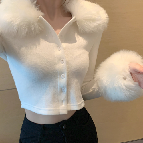 Damen Kunstfellkragen Cardigan Crop Pullover Mantel Langarm Jacke Slim Fit Sexy - Bild 7 von 10