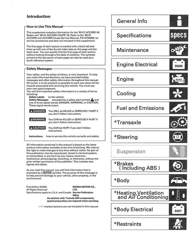 1998 1999 2000 2001 Honda Accord V6 Shop Service Repair Manual 