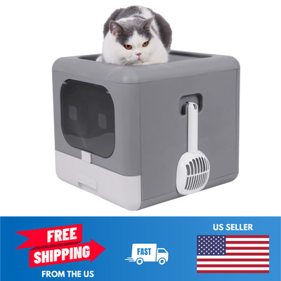 Foldable Enclosed Cat Litter Box with Scoop & Tray, Top & Front Entry