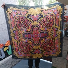 Vintage Challis by Berkshire Scarf Japan Red Floral 48x48 Square Acrylic Fringed