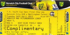 Ticket - Norwich City U18 v Nottingham Forest U18 16.04.13 FAYC Semi-Final
