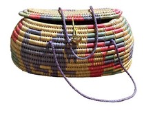 Vintage Coiled Woven Native Boho Purse Basket With Lid 11.5  