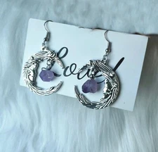 Crescent Moon Silver Alloy Amethyst Earrings