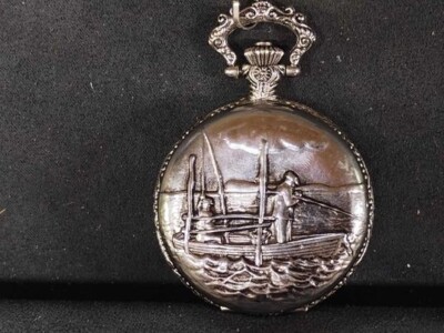 Vintage Churchill Quartz Embossed Gold Pocket Watch Fishing Boat Scene