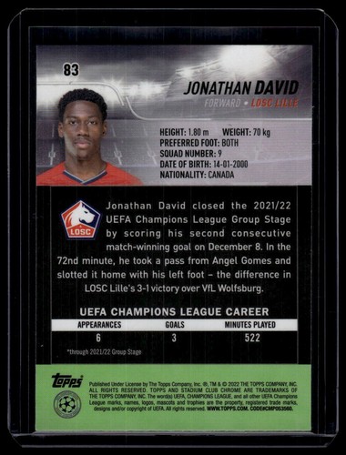 2021-22 Stadium Club Chrome UEFA Champions League #83 Jonathan David - Picture 2 of 2