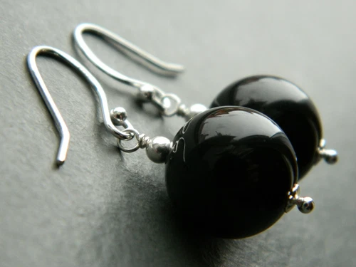 Large 14mm Black Onyx Gemstones & Silver Drop Elegant Handmade Earrings - Picture 2 of 13