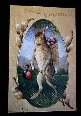 Standing Rabbit with Basket of Eggs~Vintage~Anthropomorphic~Easter~Postcard~p361