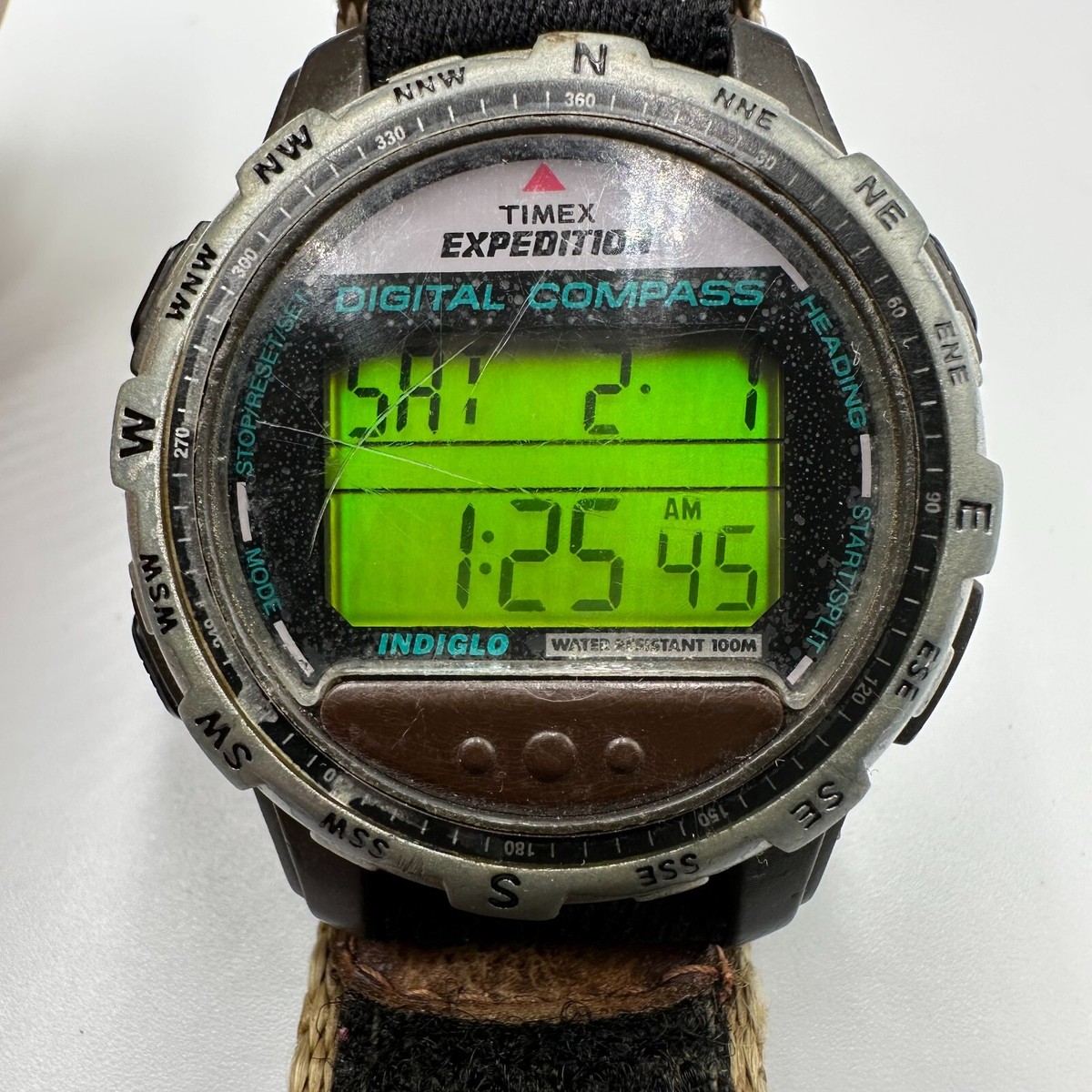Vintage Timex Expedition Digital Compass Watch Men Brown Strap 