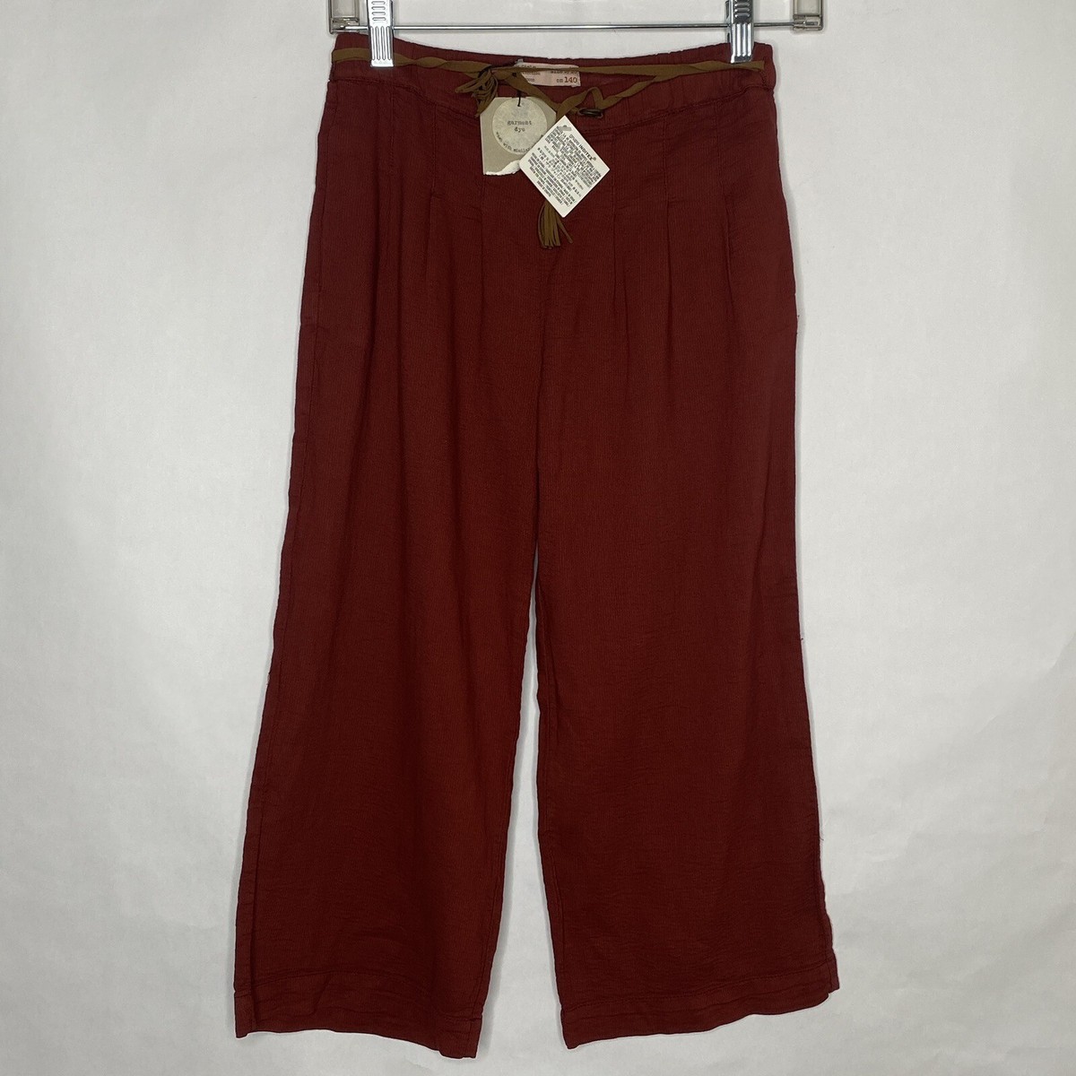 Zara Pants Girls 9/10 Burnt Orange Belted Crinkled Relaxed Pleated
