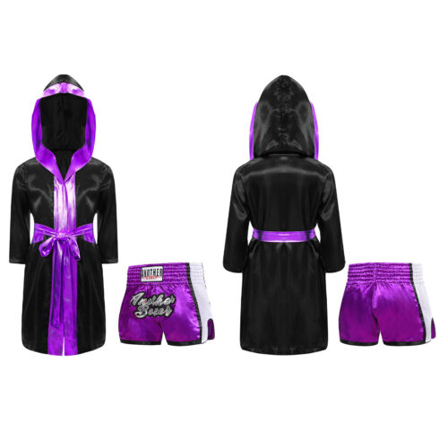 Boys Girls Boxing Costume Shiny Satin Belted Robe Hooded Cloak with Shorts Set - Picture 12 of 31