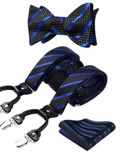 Men's Plaid Suspender Self-Bowtie Pocket Square Set Adjustable Y-Shape