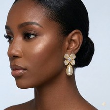 Elegant Drop Earrings with Pave Crystals & Tear Drop Pearl – Gold Tone