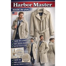 Harbor Master Trench Coat Mens 44 Long Beige Good Belted Wool Liner USA Made