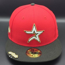 NEW ERA EXCLUSIVE HOUSTON ASTROS 7 3/8s RED, BLACK BRIM, WHITE STAR GOLD TRIM