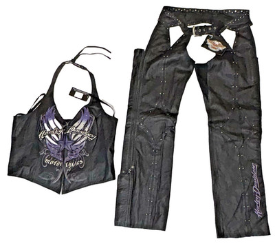 NWT Harley-Davidson ENLIST Purple Wing Leather Chaps L + Halter XL Matching Set