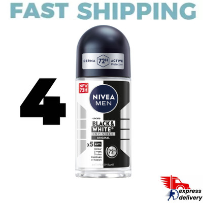 4X NIVEA MEN Black & White Invisible Anti-Perspirant Roll-On 50ml 72 H