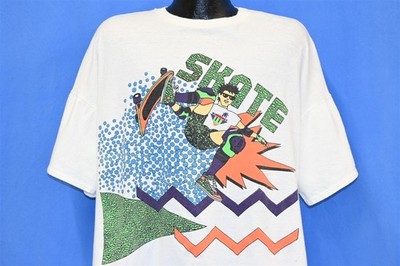vintage 90s SKATE BOARD SKATING FLYING HIGH NEON WHITE 2 SIDED t-shirt XL