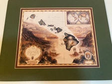 Map of the Sandwich Isles Hawaii 1993 Blaise Domino 11x14 Matted Print Vintage
