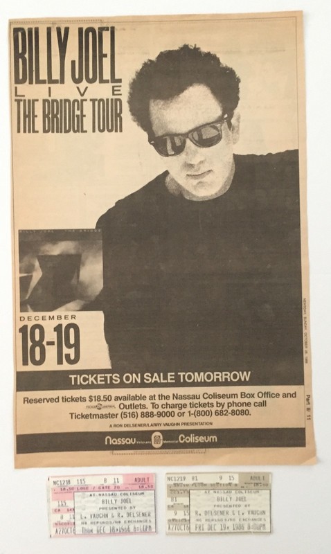 BILLY JOEL 2 TICKET STUBS THE BRIDGE TOUR DEC 1986 NASSAU COLISEUM+NEWSPAPER AD