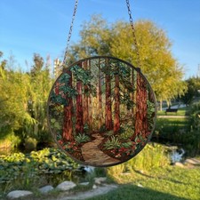 Forest Painted Stained Glass Suncatcher, Window Hanging Sun Catcher, Forest Tree