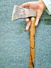 Antique Aluminum Designer Viking Axe Handle Victorian Wooden Walking Stick Cane