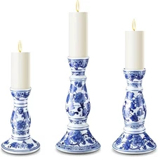 Soaoo Set of 3 Blue and White Porcelain Ceramic Pillar Candle Holder Chinoiserie
