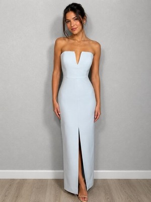 BCBGMAXAZRIA Crystal Blue Strapless V-Wire Crepe Maxi Gown Size 4 Small