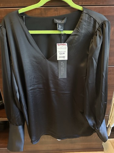 NWT RACHEL ZOE Black Long Sleeve Satin Look V Neck Lined Blouse Top Women Sz L - Bild 3 von 4