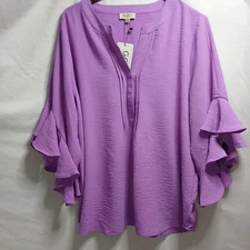 GiGiO Plus Size 1X Purple Ruffle Sleeve Tunic Top Blouse Crinkle Split Neck NWT