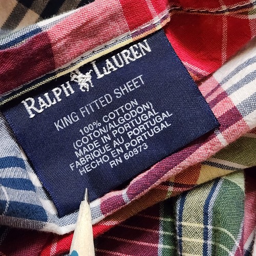 Vintage Ralph Lauren SUNDECK Plaid KING Fitted Sheet Portugal Cotton Madras 90s - Picture 3 of 5