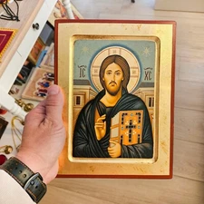 Handmade Wooden Icon with Jesus Christ of Sinai in gold leaf With amazing detail